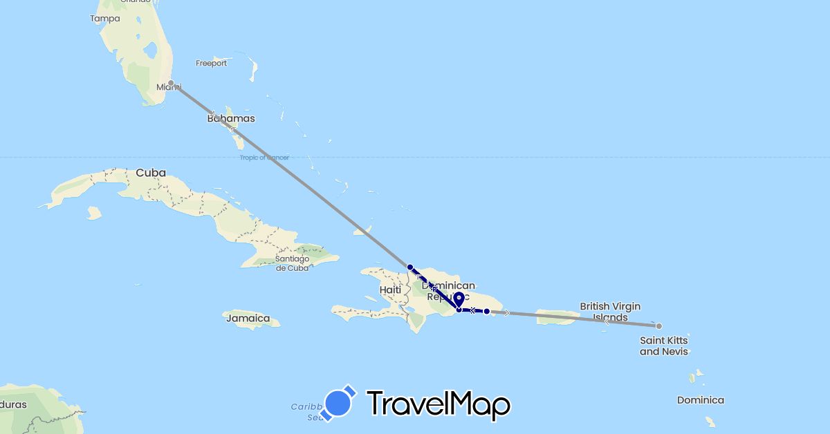 TravelMap itinerary: driving, plane in Dominican Republic, France, United States (Europe, North America)